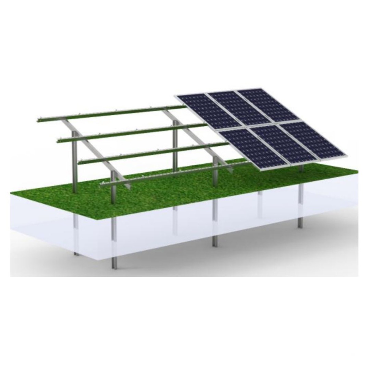 Sistem complet montare structura sol cu stalpi pentru 20-24 panouri solare fotovoltaice de 2278x1134x35mm, 2384x1096x35mm, 2384x1303x35mm, lungime 14m, 50cm garda sol, unghi 30 grade