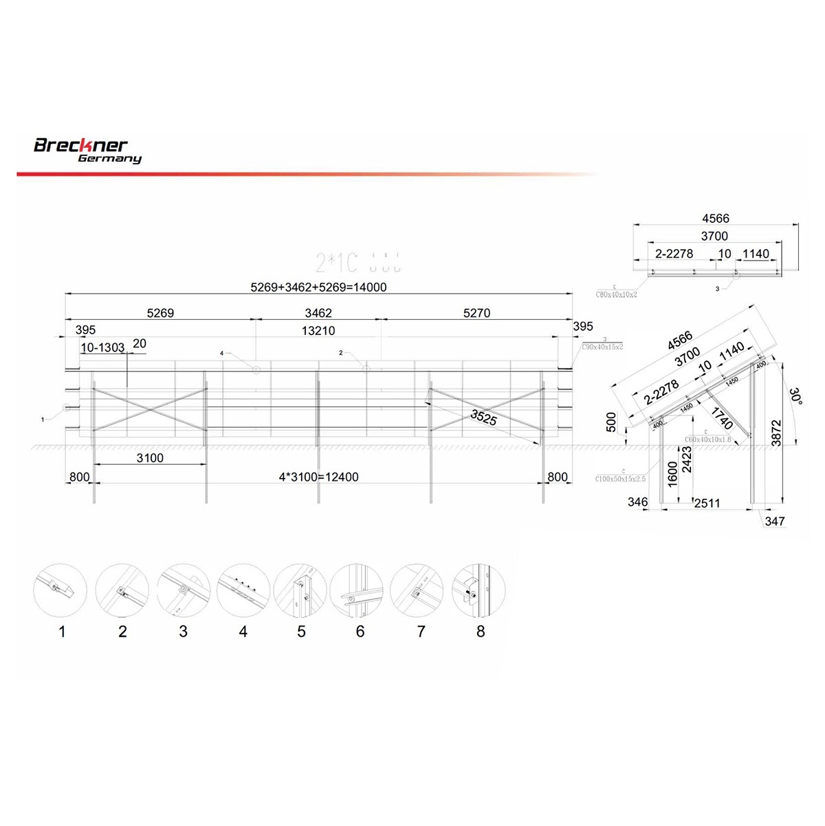 Sistem complet montare structura sol cu stalpi pentru 20-24 panouri solare fotovoltaice de 2278x1134x35mm, 2384x1096x35mm, 2384x1303x35mm, lungime 14m, 50cm garda sol, unghi 30 grade – imagine 2