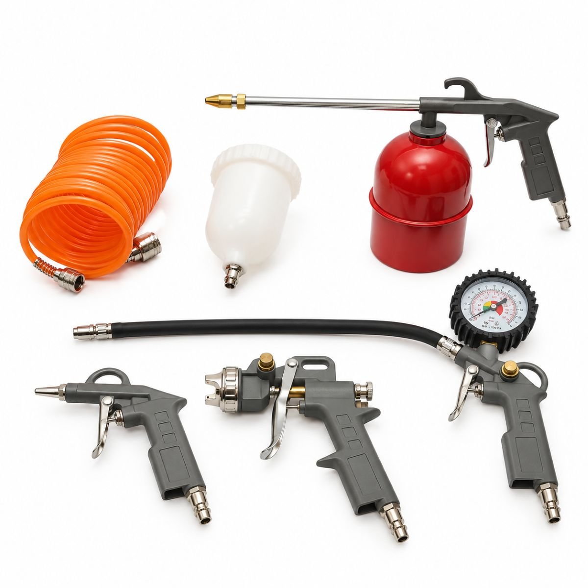 Set 5 piese aer comprimat cu furtun spiralat 5m, pistol spalat, vopsit, umflat si suflat aer Breckner Germany