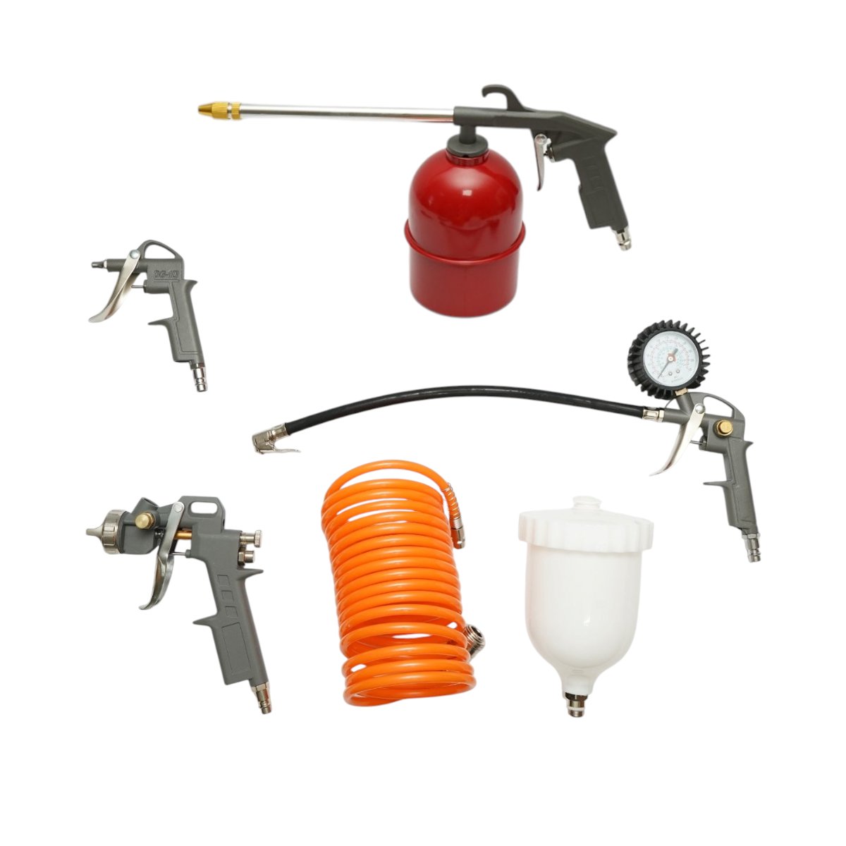 Set 5 piese aer comprimat cu furtun spiralat 5m, pistol spalat, vopsit, umflat si suflat aer Breckner Germany