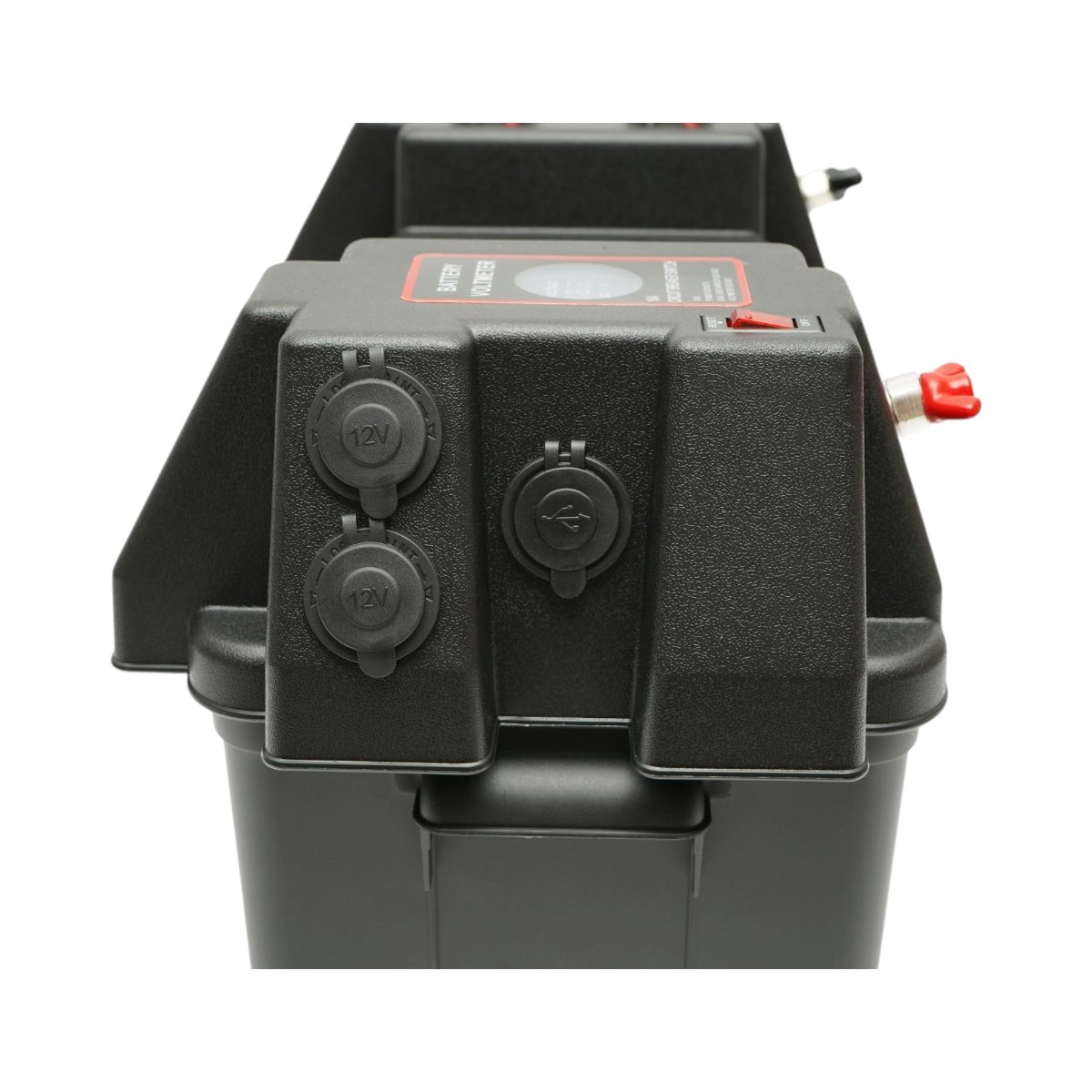Cutie baterie auto 12V cu voltmetru DC 6-36V, afisaj LCD, intrerupator cirucit 16A, siguranta 30A, 2 prize bricheta, 2xUSB 340x195x200mm – imagine 9