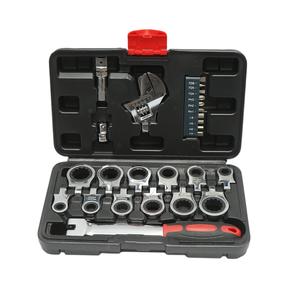 Trusa chei inelare cu clichet 8-19mm, cheie reglabila, biti hex, drepti, cruce 26 piese