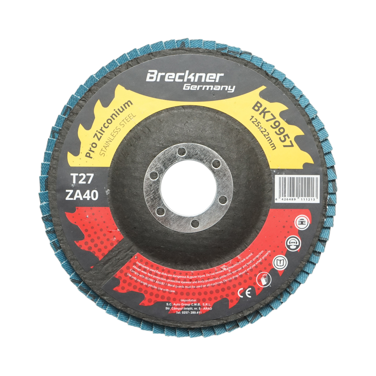 Disc lamelar abraziv cu zirconiu 125x22mm T27 ZA40 pentru slefuire, polizare metal si inox Breckner Germany
