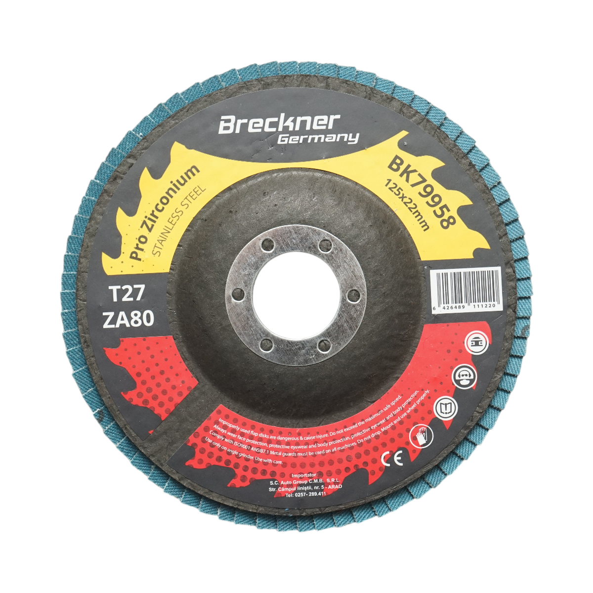 Disc lamelar abraziv cu zirconiu 125x22mm T27 ZA80 pentru slefuire, polizare metal si inox Breckner Germany