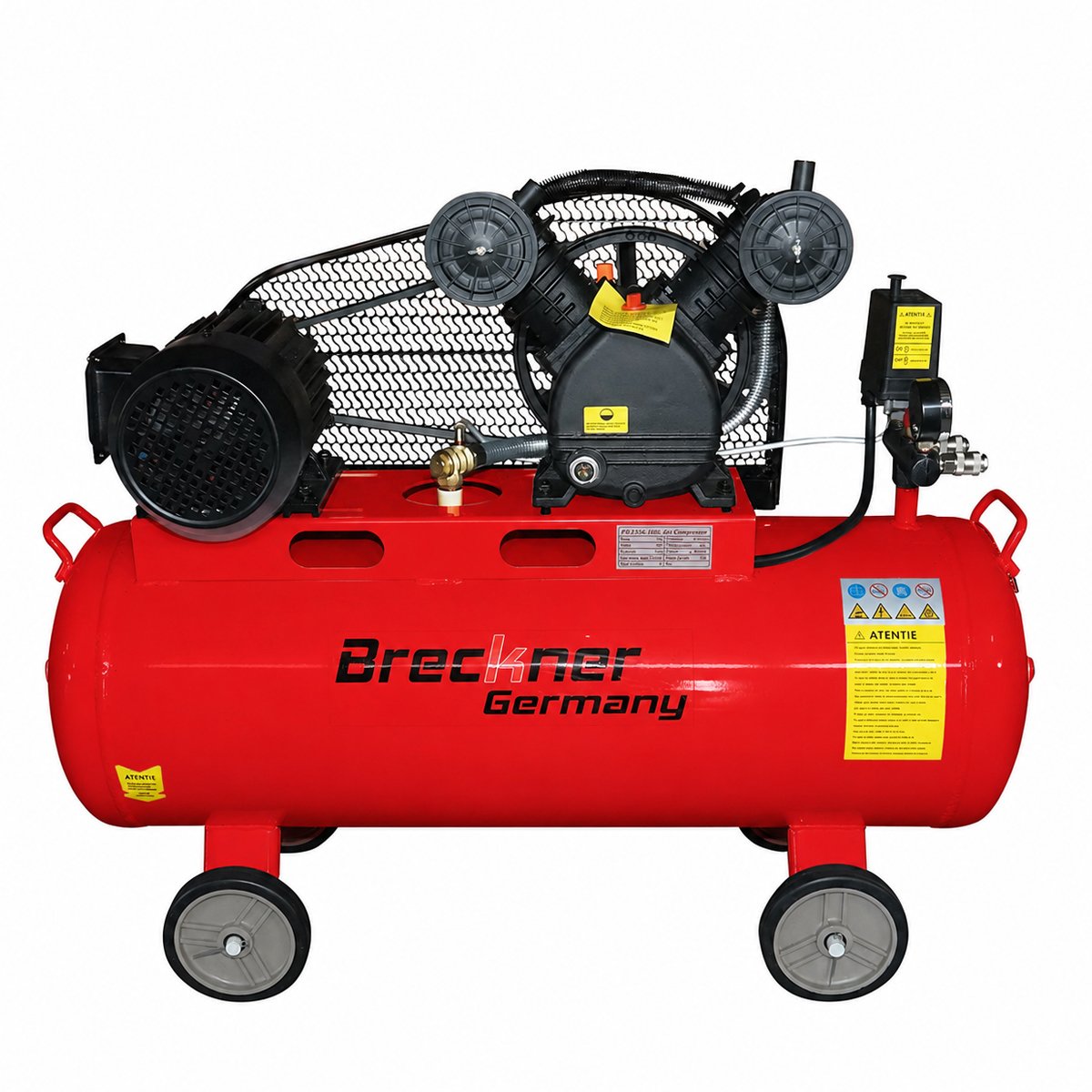 Compresor aer pe curea 100L, motor 2 cilindri in V 3CP, 2.2kW/380V, presiune maxima 8 bar, volum aer aspirat 273 L/min Breckner Germany