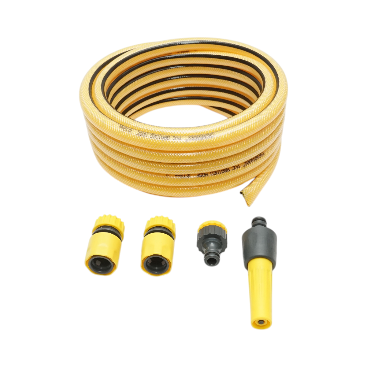 Set rola 7.5m furtun gradina PVC impletit 1/2 inch cu duza stropit reglabila, conectori si adaptor robinet 3/4-1/2 inch Crownman
