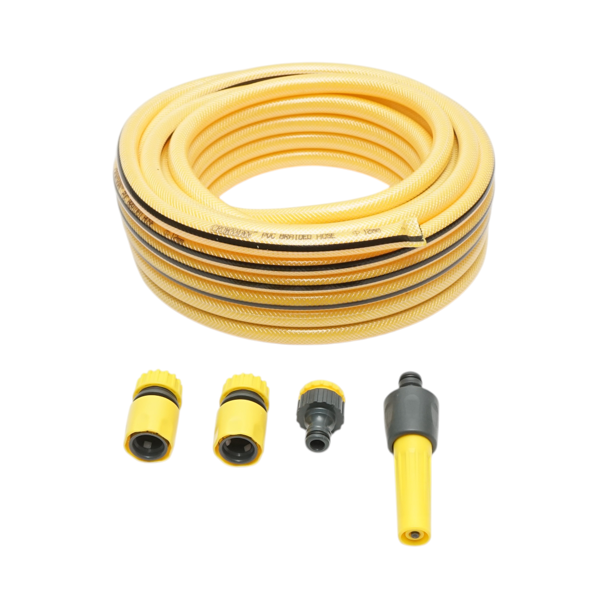 Set rola 15m furtun gradina PVC impletit 1/2 inch cu duza stropit reglabila, conectori si adaptor robinet 3/4-1/2 inch Crownman
