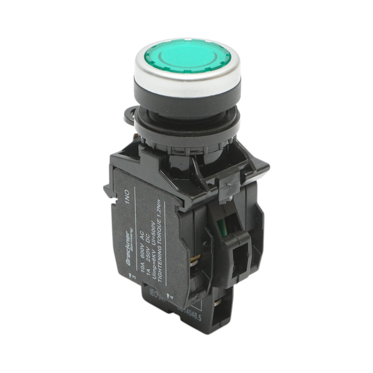 Buton comanda iluminat LED 220V AC verde cu revenire 1NO+1NC, 10A/600V AC, 1A/250V DC LA42 Breckner Germany
