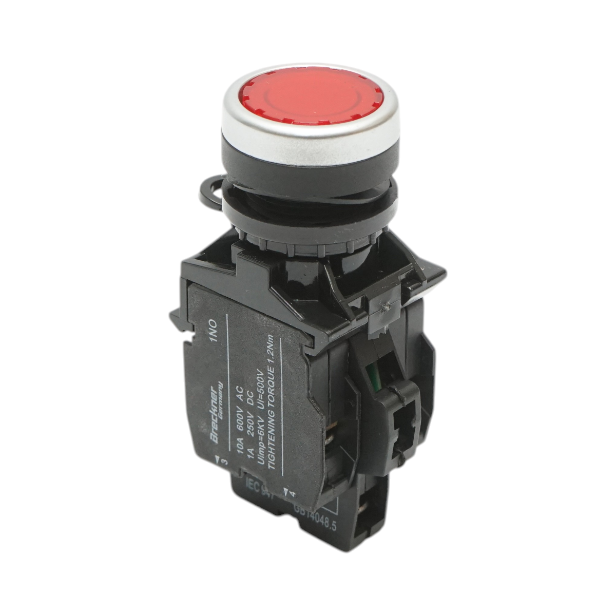 Buton comanda iluminat LED 24V AC/DC rosu cu revenire 1NO+1NC, 10A/600V AC, 1A/250V DC LA42 Breckner Germany