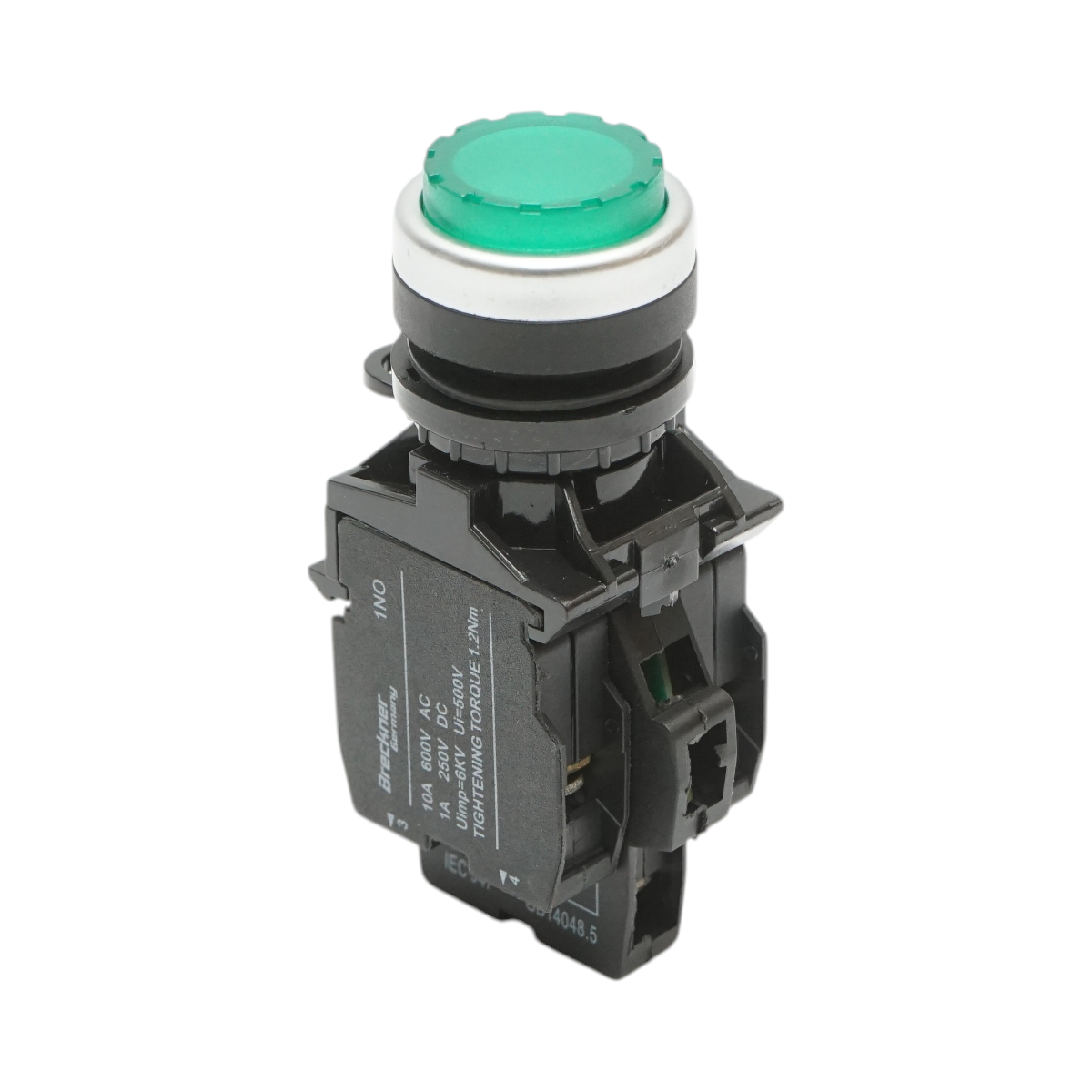 Buton comanda iluminat convex LED 24V AC/DC verde cu revenire 1NO+1NC, 10A/600V AC, 1A/250V DC LA42 Breckner Germany