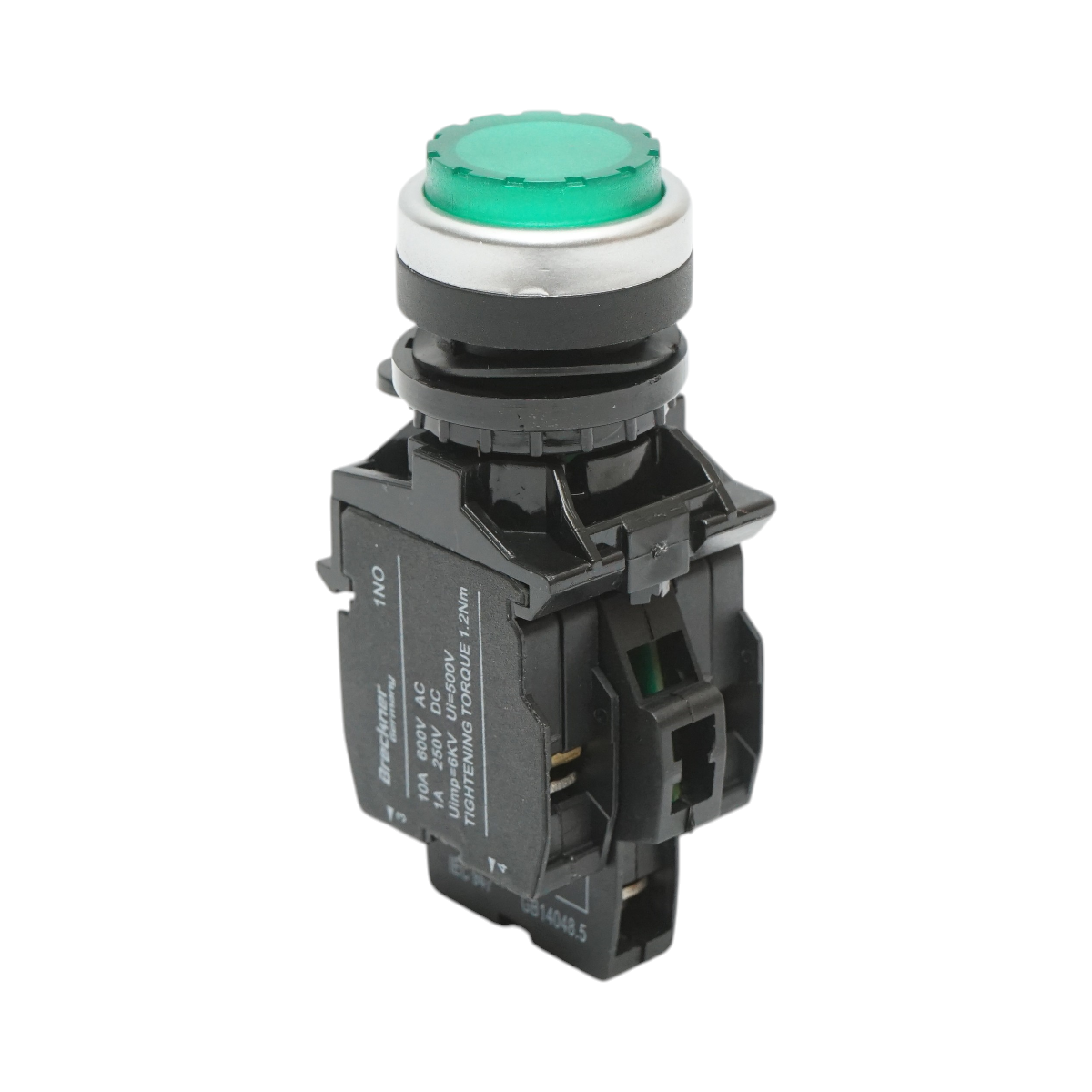 Buton comanda iluminat convex LED 220V AC verde cu revenire 1NO+1NC, 10A/600V AC, 1A/250V DC LA42 Breckner Germany