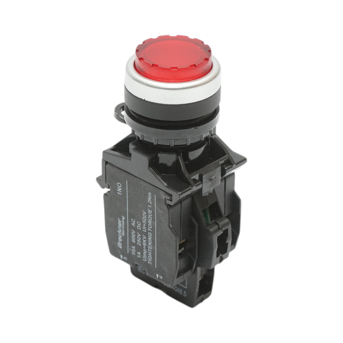 Buton comanda iluminat convex LED 24V AC/DC rosu cu revenire 1NO+1NC, 10A/600V AC, 1A/250V DC LA42 Breckner Germany