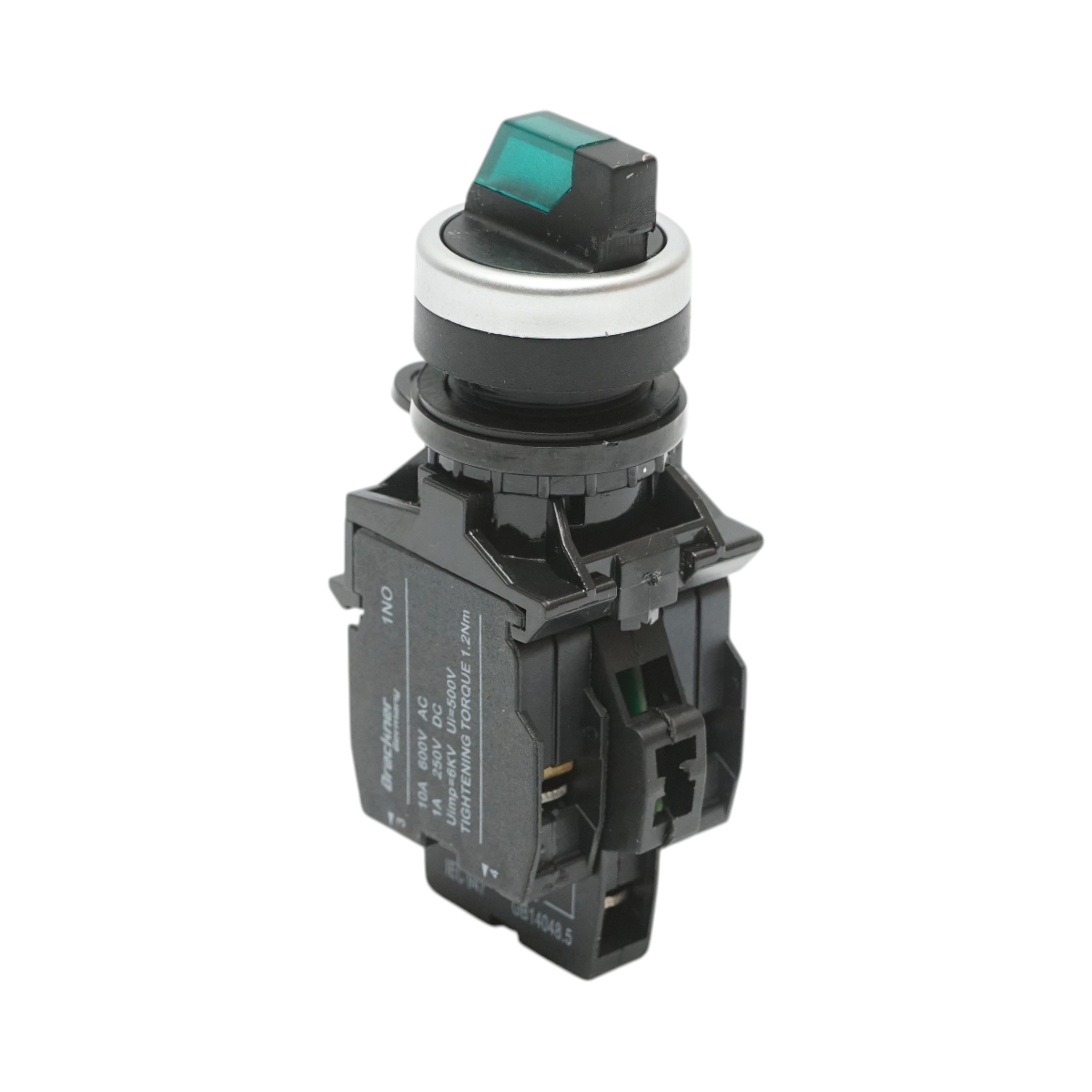 Buton selector iluminat 24V AC/DC LED verde cu 2 pozitii 1NO+1NC, 10A/600V AC, 1A/250V DC LA42 Breckner Germany
