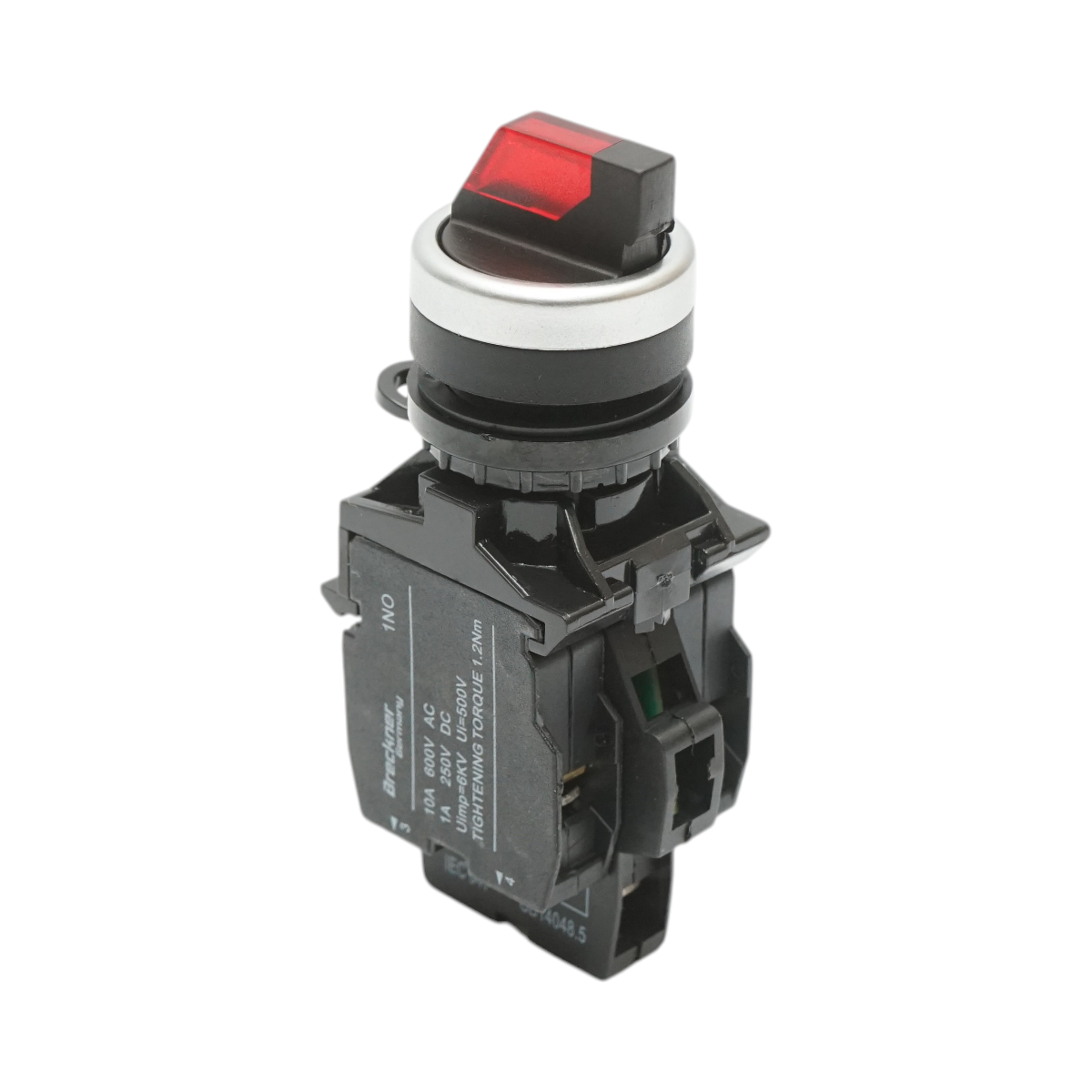 Buton selector iluminat 220V AC LED rosu cu 2 pozitii 1NO+1NC, 10A/600V AC, 1A/250V DC LA42 Breckner Germany