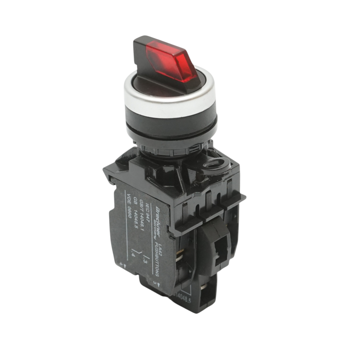 Buton selector iluminat 24V AC/DC LED rosu cu 3 pozitii 2NO, 10A/600V AC, 1A/250V DC LA42 Breckner Germany