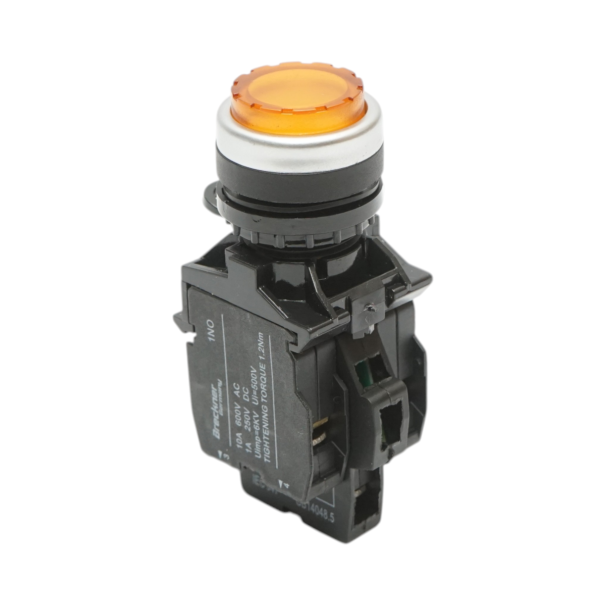 Buton comanda iluminat convex LED 220V AC galben cu revenire 1NO+1NC, 10A/600V AC, 1A/250V DC LA42 Breckner Germany