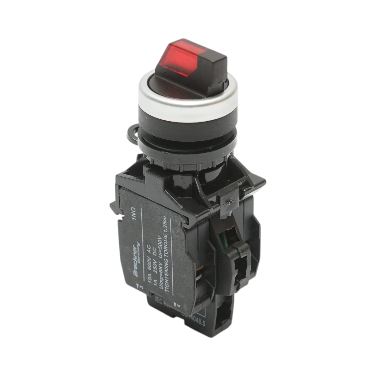 Buton selector iluminat 24V AC/DC LED rosu cu 2 pozitii 1NO+1NC, 10A/600V AC, 1A/250V DC LA42 Breckner Germany