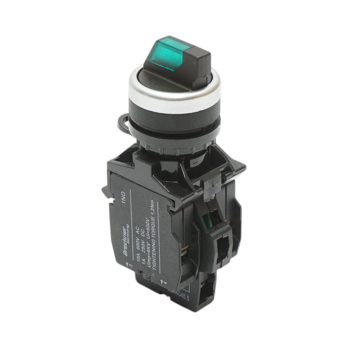 Buton selector iluminat 220V AC LED verde cu 3 pozitii 2NO, 10A/600V AC, 1A/250V DC LA42 Breckner Germany
