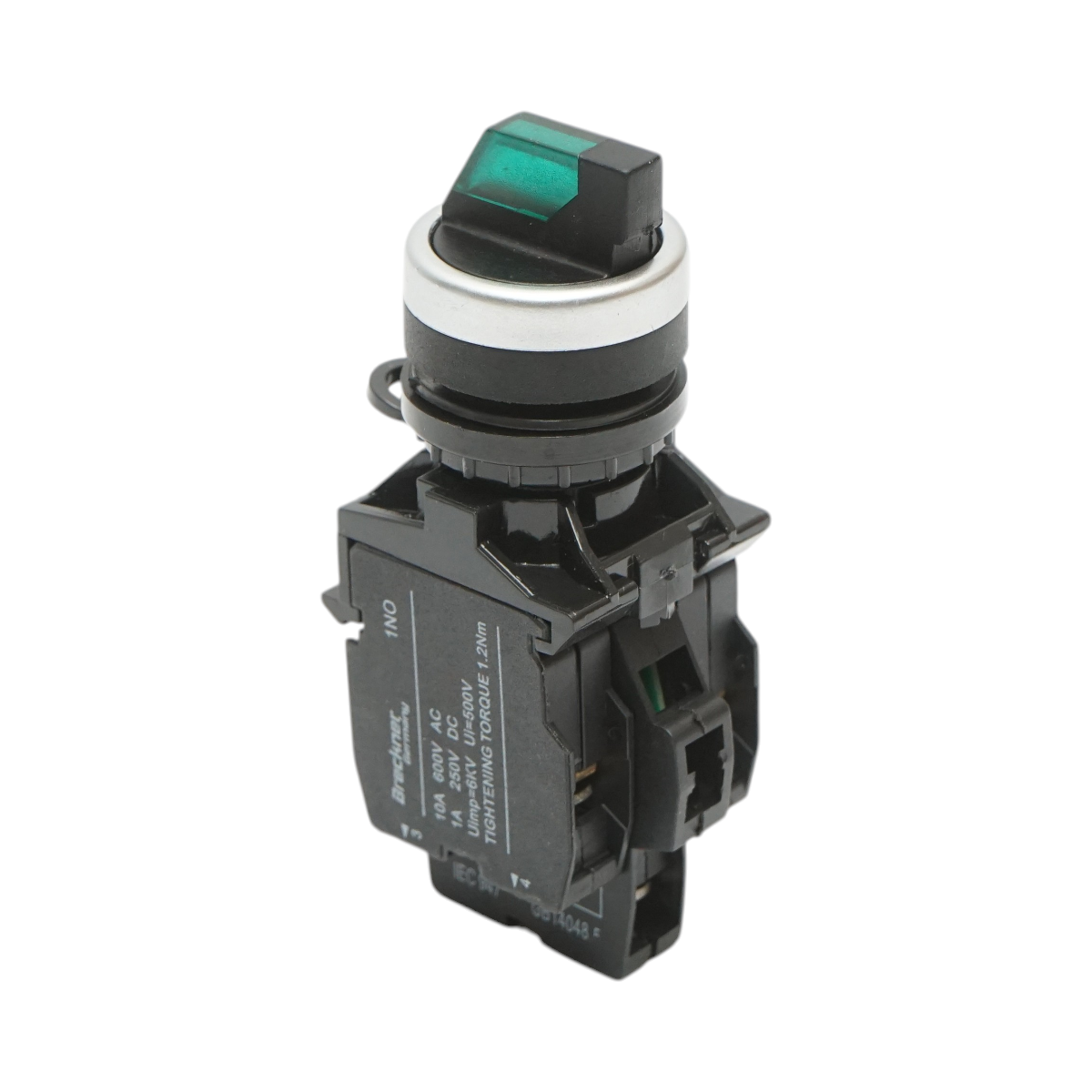Buton selector iluminat 24V AC/DC LED verde cu 3 pozitii 2NO, 10A/600V AC, 1A/250V DC LA42 Breckner Germany