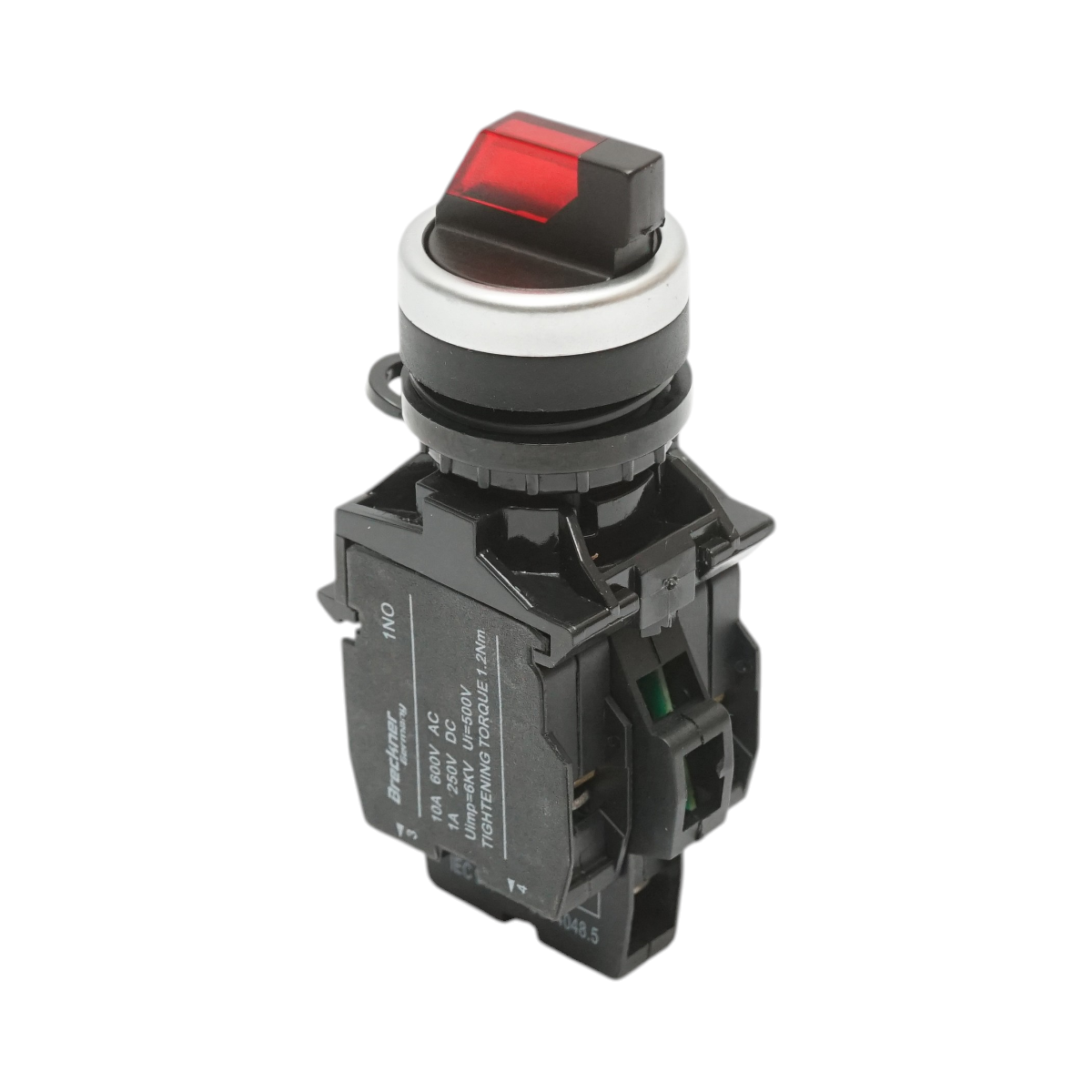 Buton selector iluminat 220V AC LED rosu cu 3 pozitii 2NO, 10A/600V AC, 1A/250V DC LA42 Breckner Germany