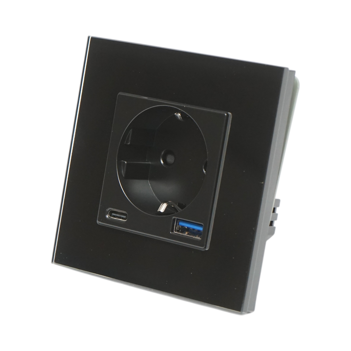 Priza schuko neagra 220V, 16A, 2xUSB A+C 20W incarcare rapida, rama sticla 86x86x34mm