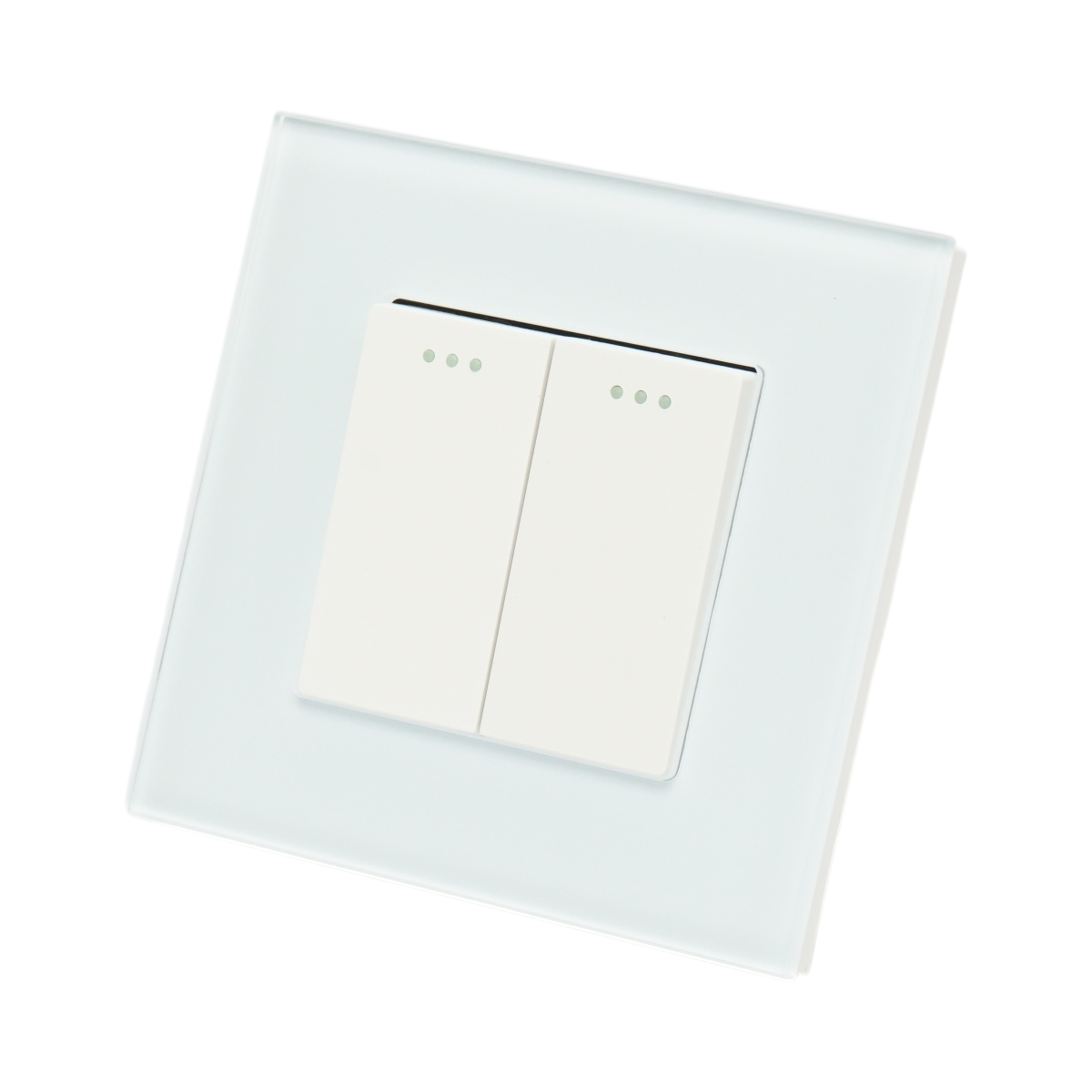 Intrerupator dublu cap scara alb incastrat 220V, 16AX, indicator luminos, rama sticla 86x86x34mm