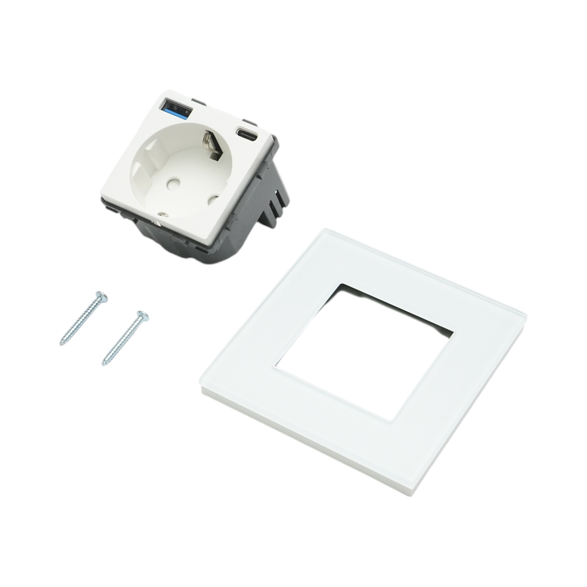 Priza schuko alba incastrata 220V, 16A, 2xUSB A+C 20W incarcare rapida, rama sticla 86x86x34mm – imagine 5