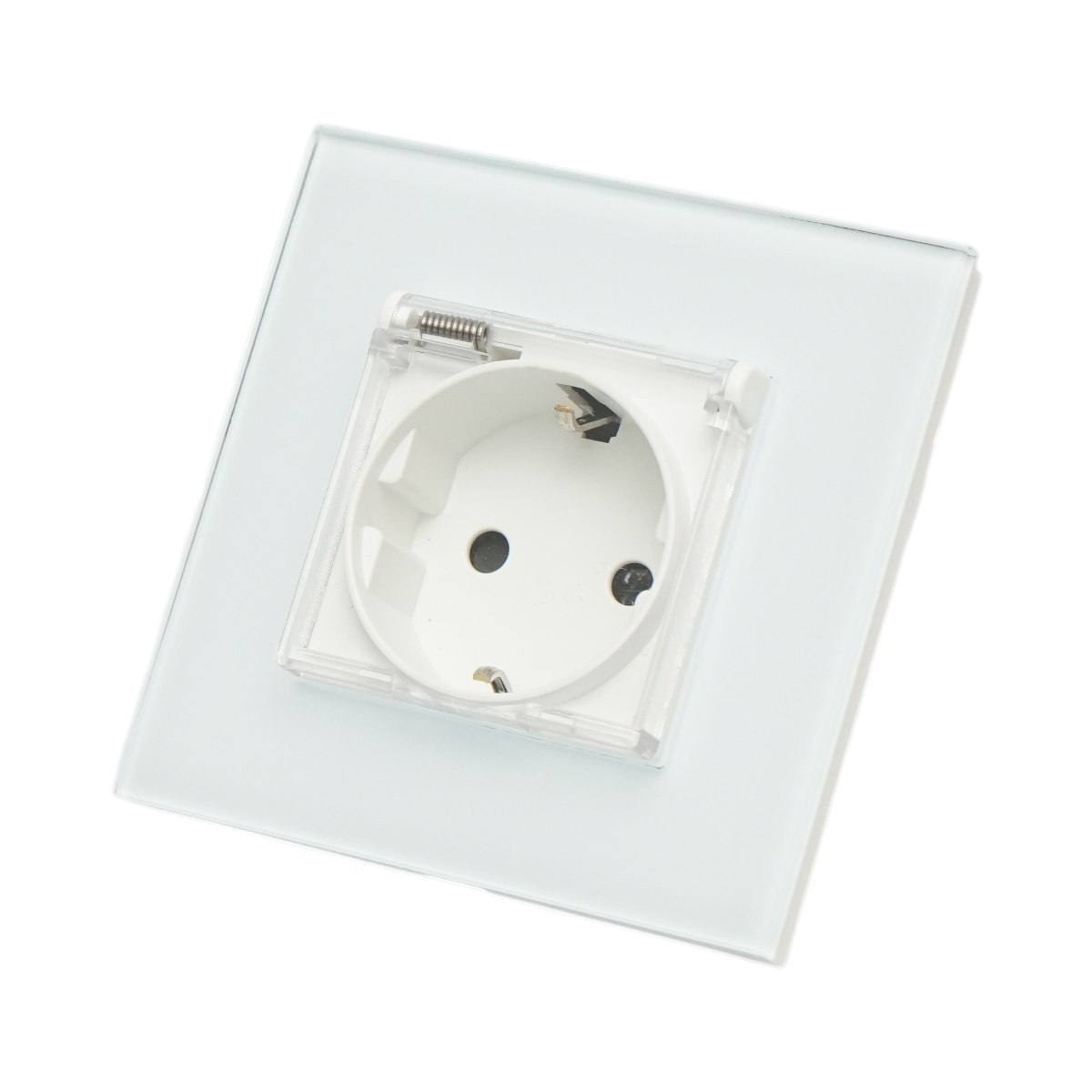Priza schuko alba incastrata 220V, 16A, capac transparent, rama sticla 86x86x34mm