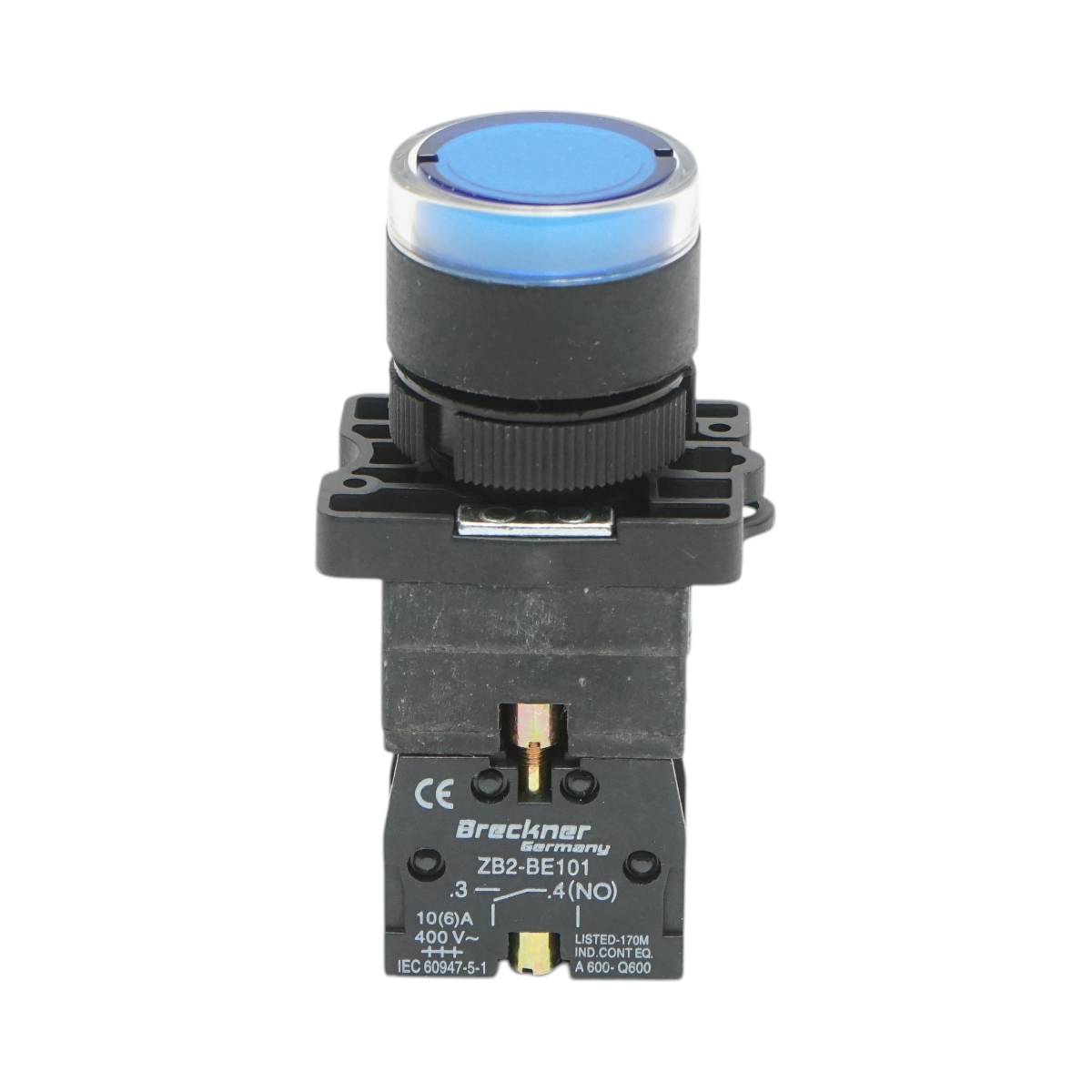 Buton indicator LED albastru cu rezistenta integrata 1NO, 24V, LAY5 Breckner Germany