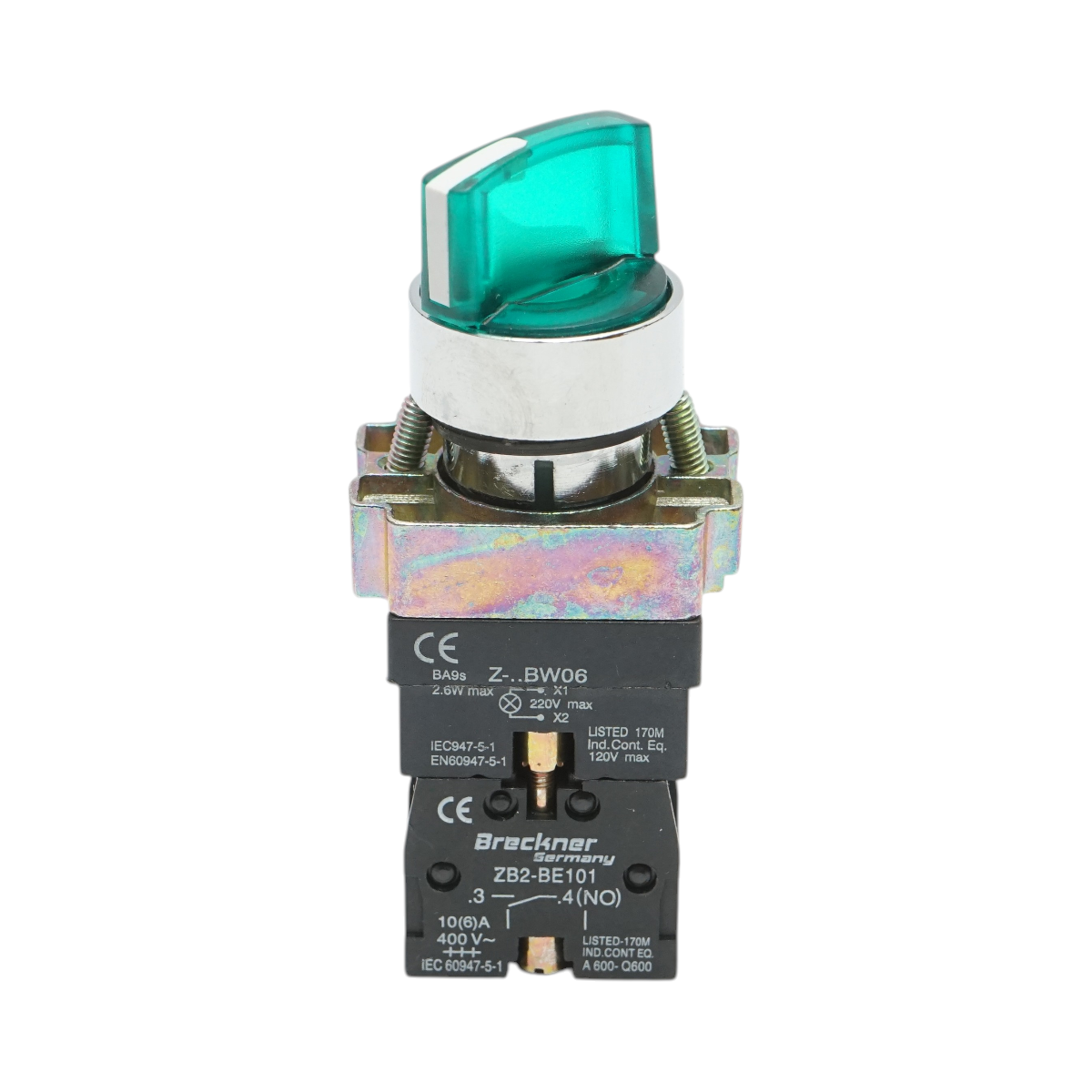 Selector 2 pozitii cu retinere si indicator semnalizare LED verde 1NO+1NC, 220V, LAY5 Breckner Germany