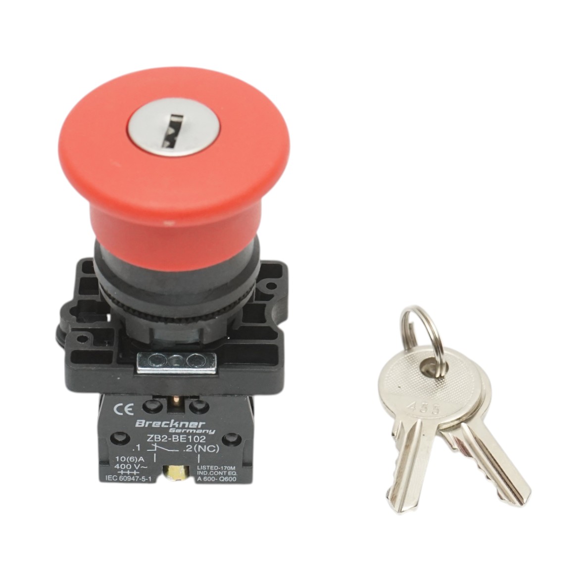 Buton comanda oprire de urgenta rosu cu deblocare prin rasucire si cheie 40mm, 1NC, 400V/10A LAY5 Breckner Germany
