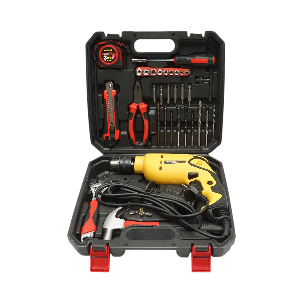 Trusa bormasina cu percutie 600W, 220V, mandrina 13mm, turatie 3300rpm cu scule si unelte 38 piese Breckner Germany