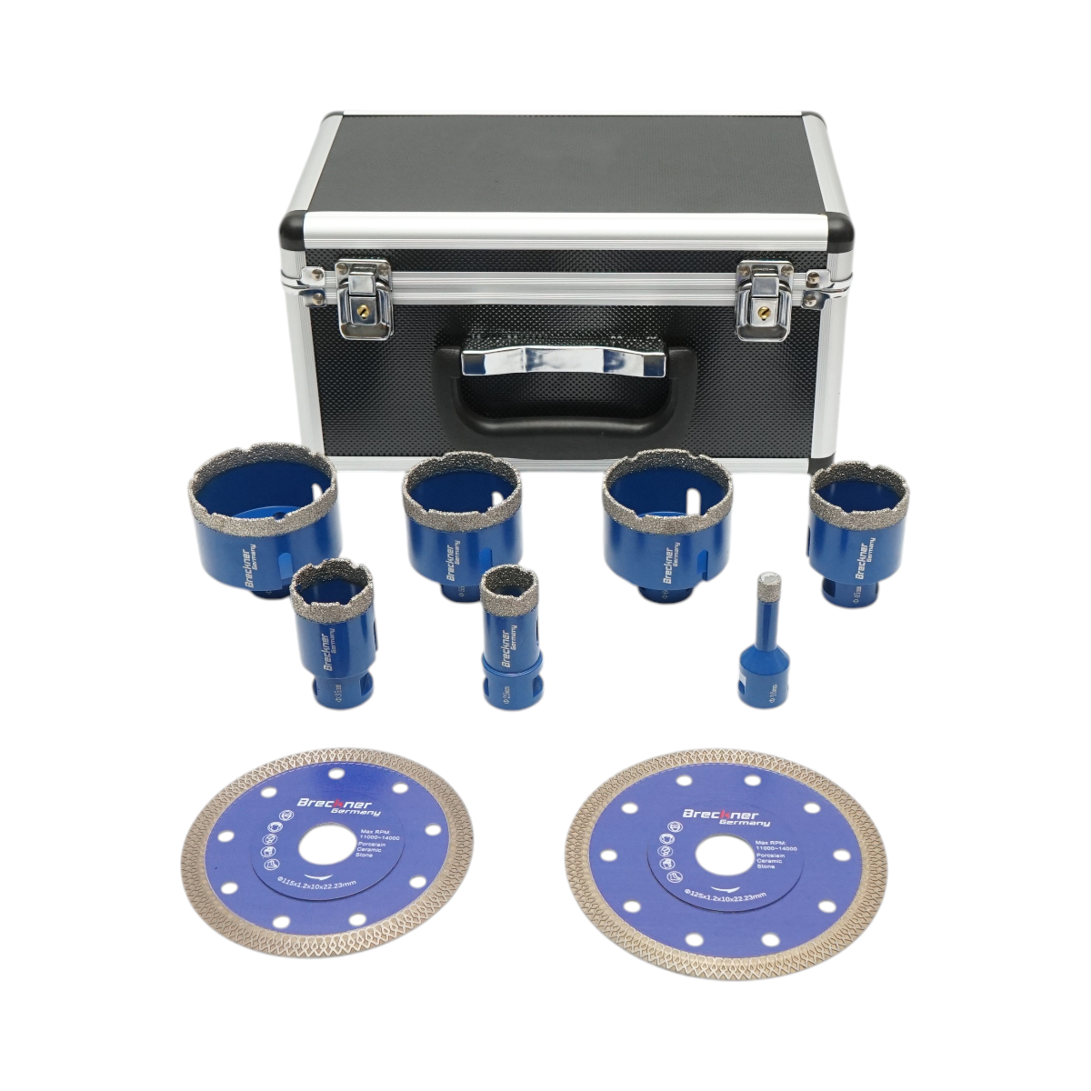 Set 7 carote diamantate 10-68mm, filet interior M14 + 2 discuri 115, 125mm pentru placi ceramice, marmura, granit Breckner Germany