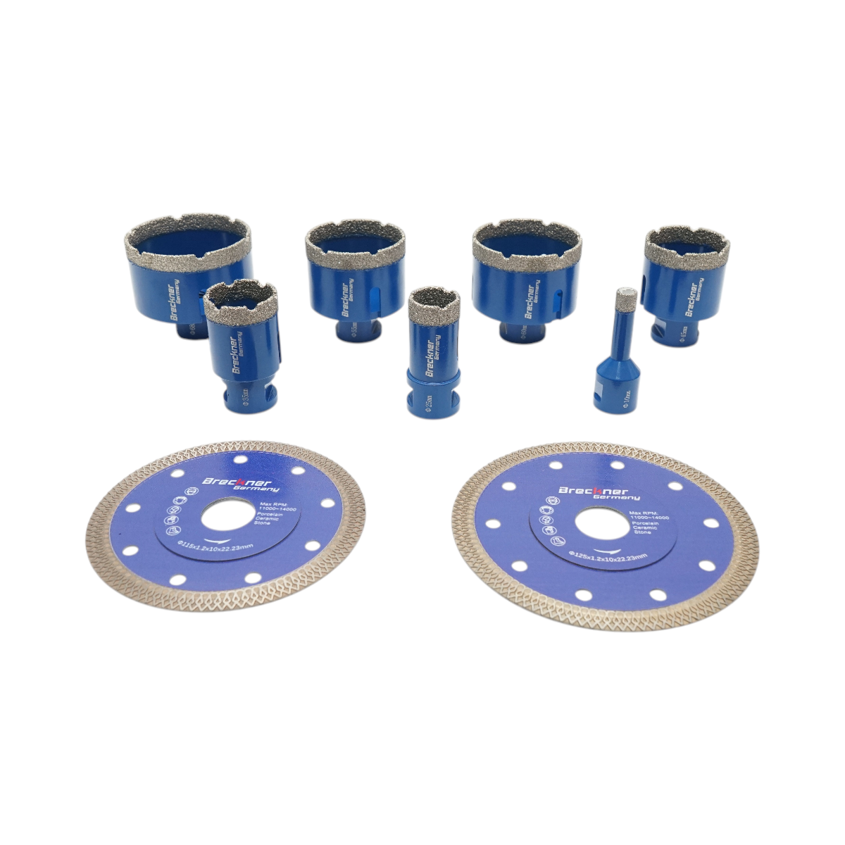 Set 7 carote diamantate 10-68mm, filet interior M14 + 2 discuri 115, 125mm pentru placi ceramice, marmura, granit Breckner Germany – imagine 4