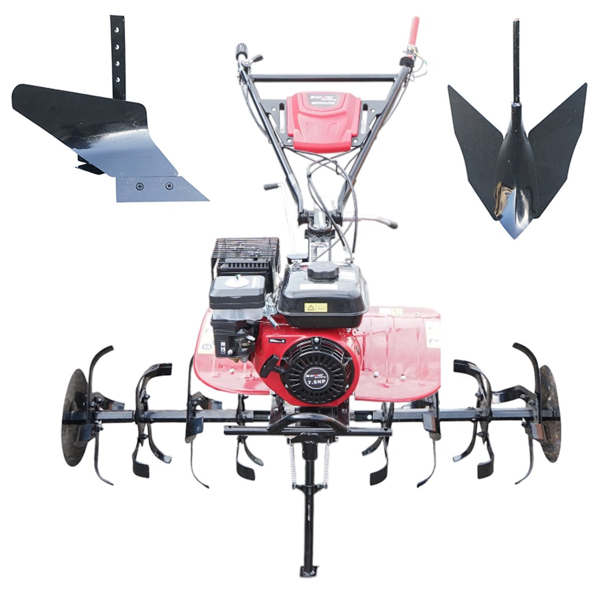 Motocultor 7.5CP cu freza 100cm, plug, rarita, motor benzina 4 timpi 212cc OHV, viteze 2+1, transmisie pinioane, roti 4.00-8 Breckner Germany