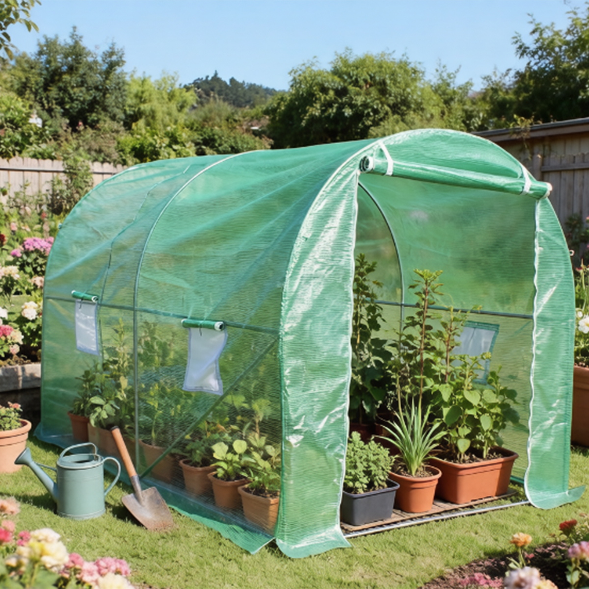 Solar de gradina 200x200x200cm, folie verde PE cu plasa 140g/mp UV, 1 usa, 4 ferestre, teava otel galvanizat 19mm THOR