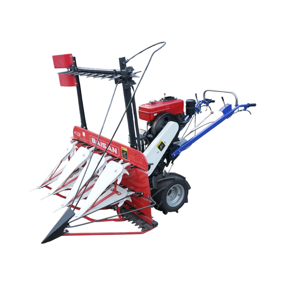 Motocultor diesel 6CP cu seceratoare frontala 1200mm, viteze 2+1, 8 divizoare pentru recoltat grau si paioase Baisan