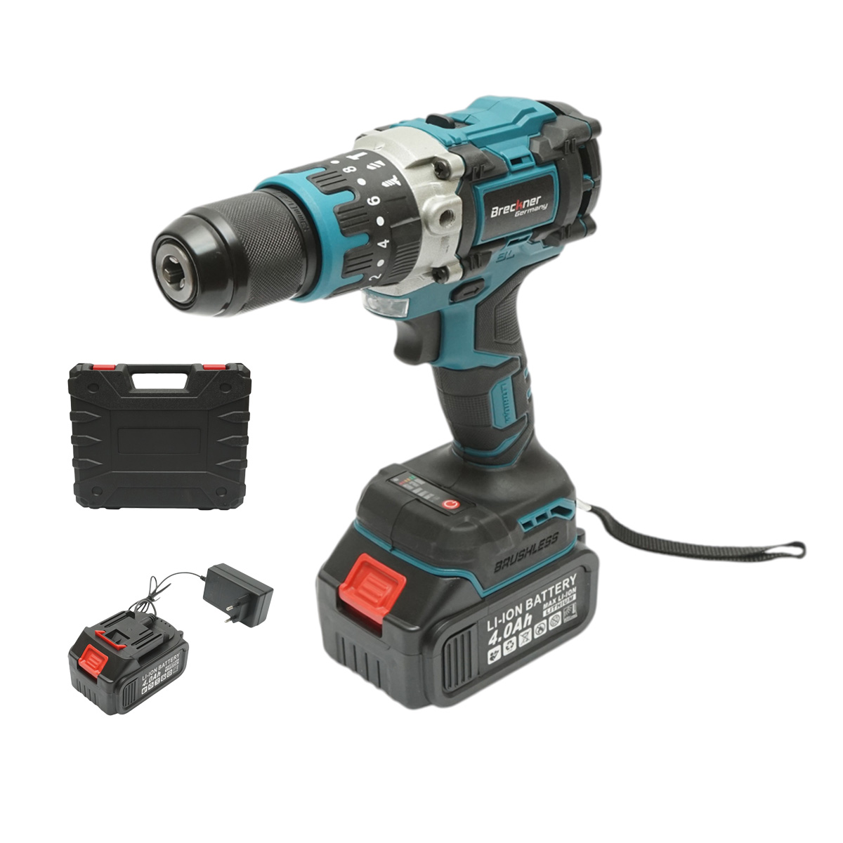 Masina de gaurit si insurubat cu percutie, 2 acumulatori 21V, 4Ah Li-ion, LED, brushless, 65Nm, mandrina 13mm, 0-400/1400rpm Breckner Germany