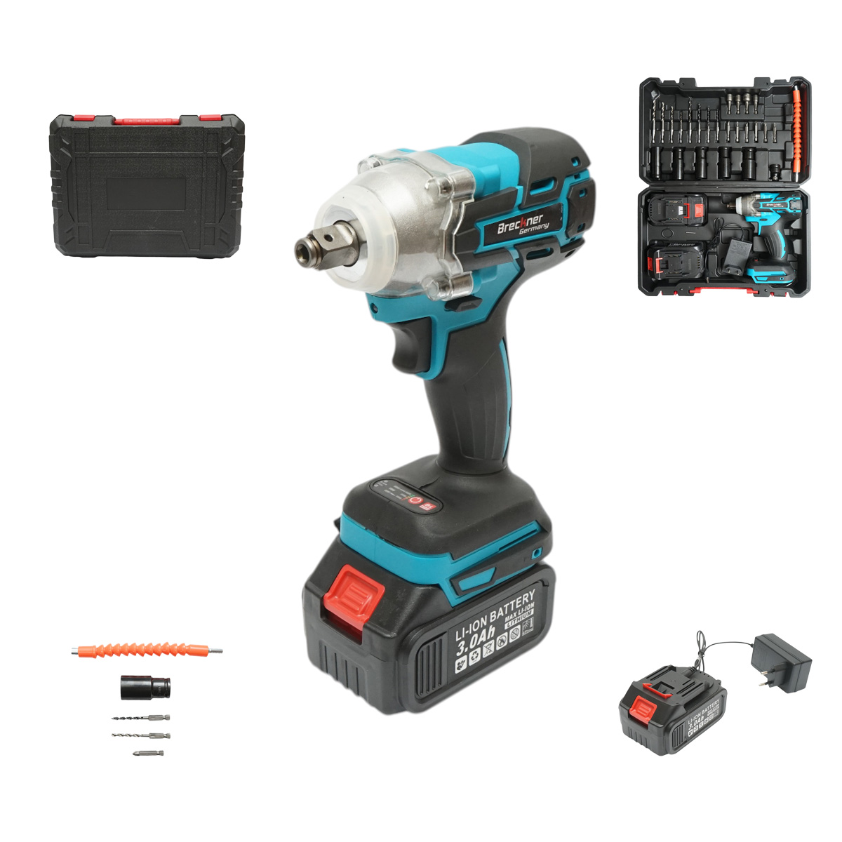 Masina de insurubat cu impact 1/2 inch, 2 acumulatori 21V, 3Ah Li-ion, LED, brushless, cuplu 400Nm, tubulare, burghie, biti 31 piese Breckner Germany
