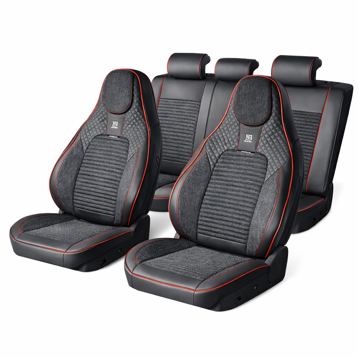 Set huse scaune auto Premium negru-rosu universale, design sport ergonomic, piele ecologica cu insertii textile 11 piese