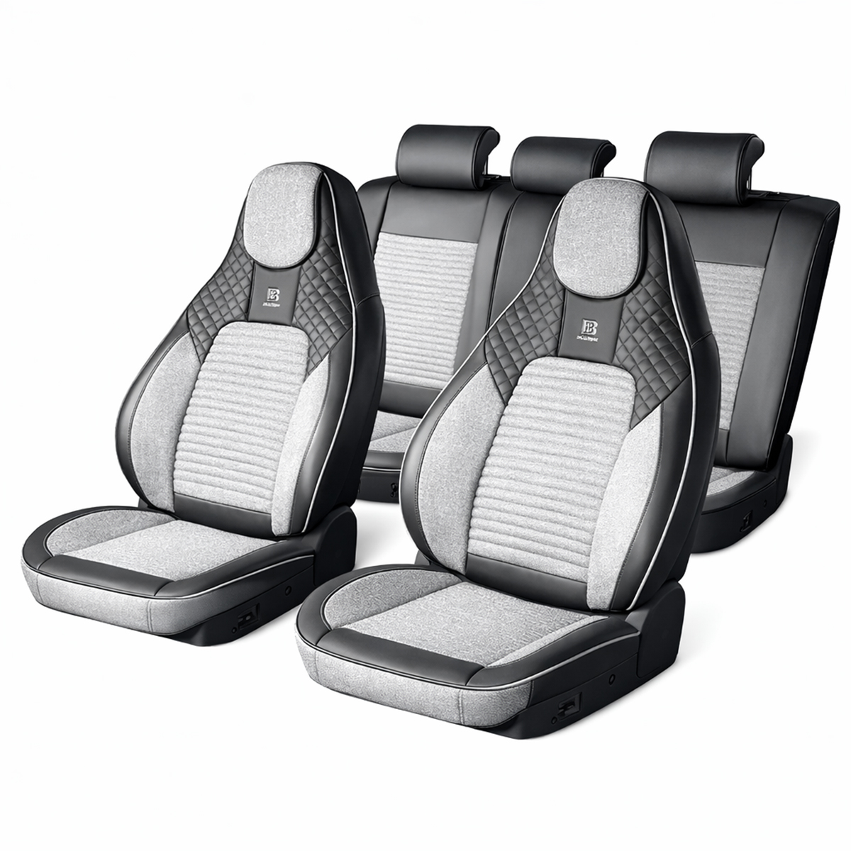 Set huse scaune auto Premium negru-gri universale, design sport ergonomic, piele ecologica cu insertii textile 11 piese