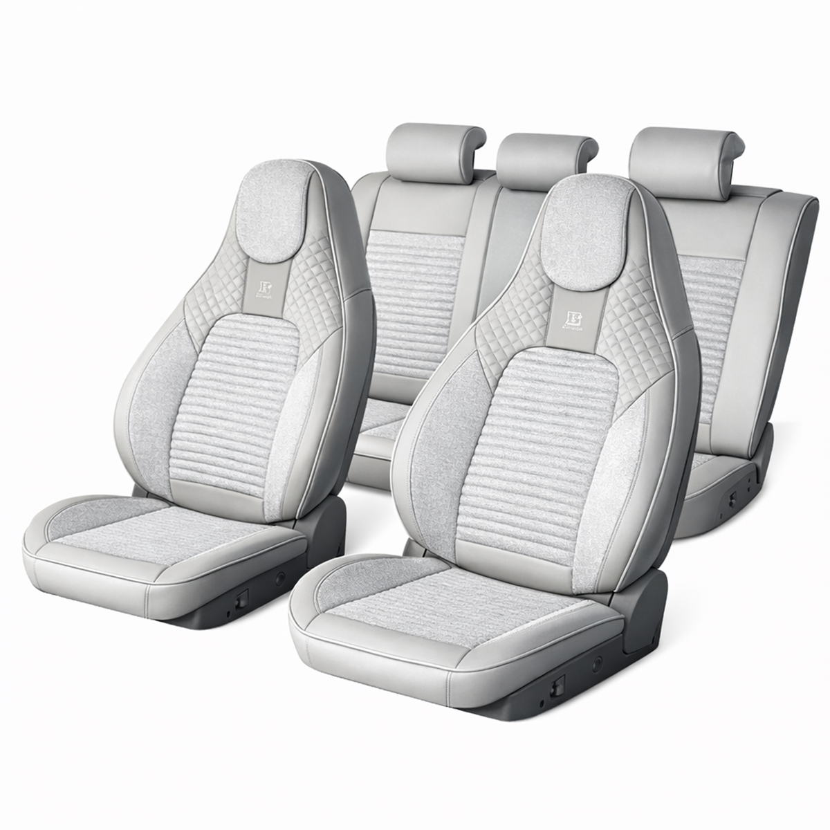 Set huse scaune auto Premium crem-gri universale, design sport ergonomic, piele ecologica cu insertii textile 11 piese