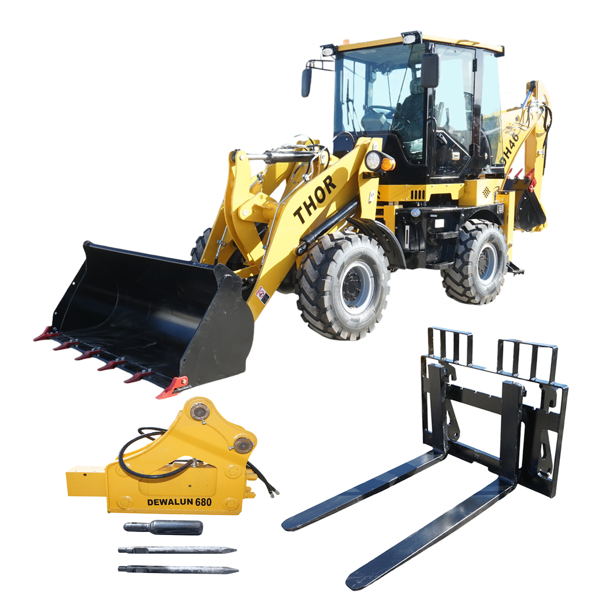 Buldoexcavator articulat compact 1.8T, motor diesel 50CP Euro 3 cu brat excavator, cupa frontala, furci paleti, picon hidraulic THOR