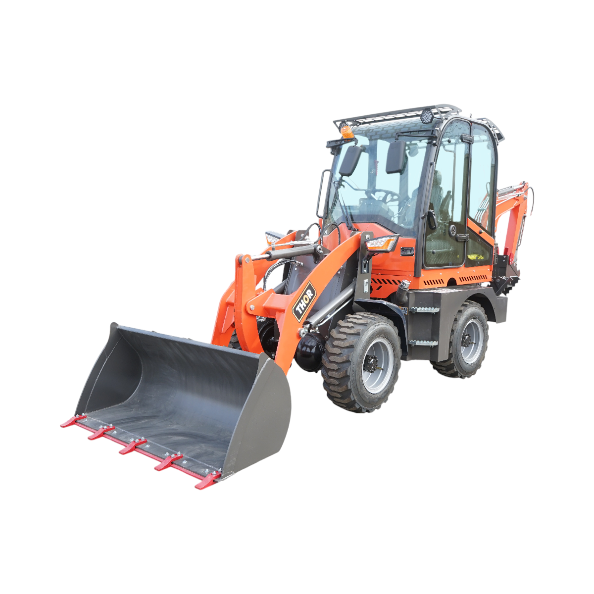 Buldoexcavator articulat compact 2.8T, motor diesel 50CP, cupa frontala si brat excavare spate THOR