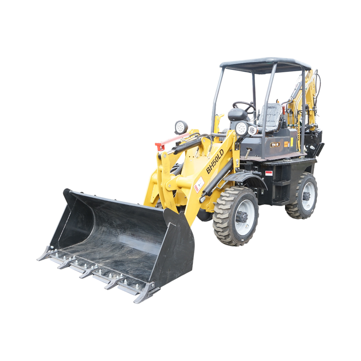 Buldoexcavator articulat compact 2.5T, motor diesel 52CP, adancime sapare 1600mm, cupa frontala si brat excavare spate THOR