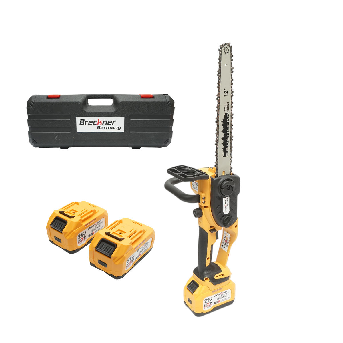 Drujba electrica profesionala 1060W cu 2 acumulatori 21V, 6Ah Li-ion, motor brushless, lama 12 inch (300mm) Breckner Germany