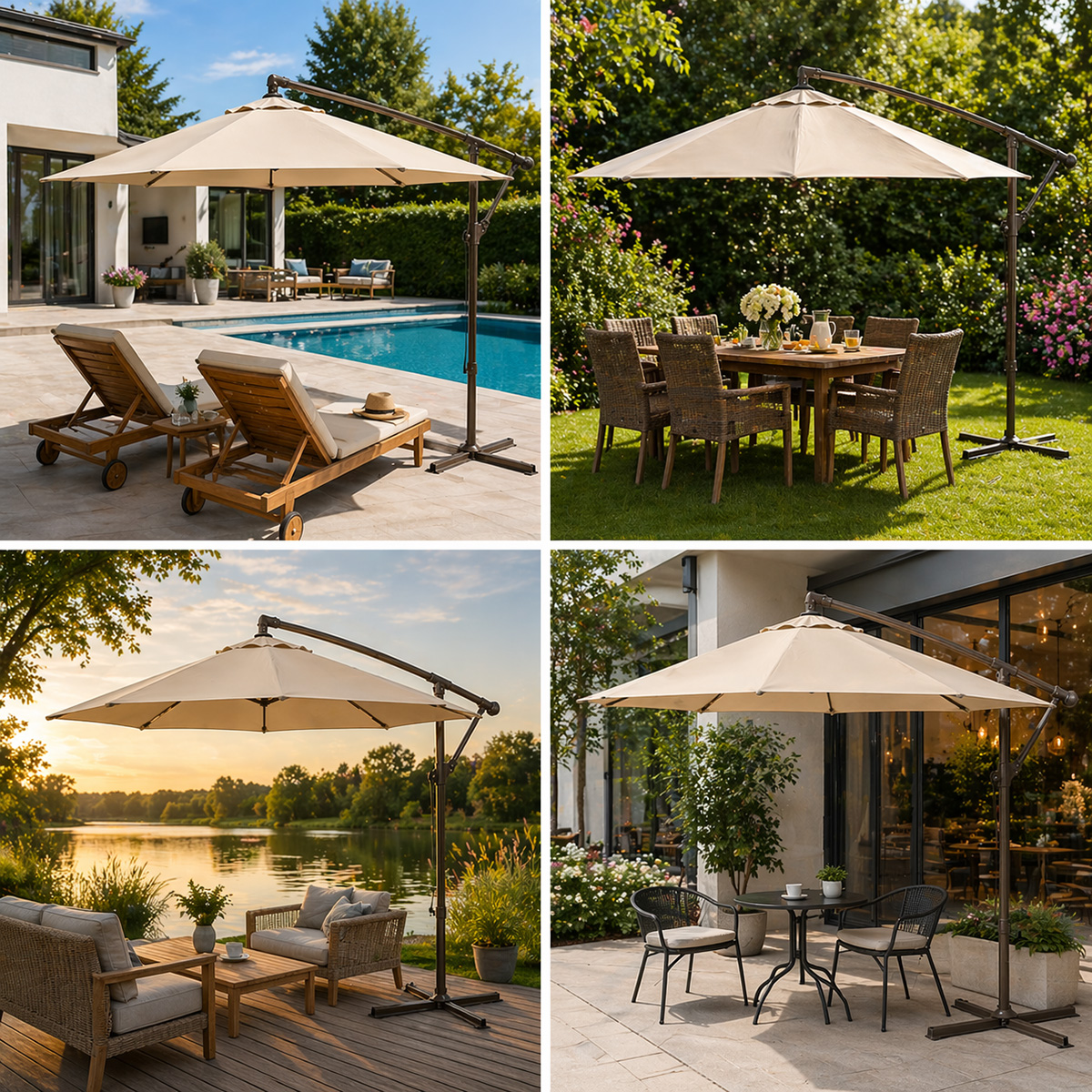 Umbrela de gradina rotunda crem 3m cu brat lateral si baza metalica