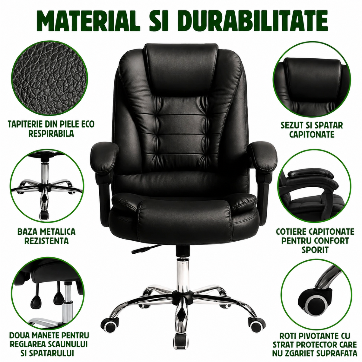 Scaun de birou ergonomic directorial cu suport lombar, piele ecologica neagra, rotativ, spatar si inaltime reglabile – imagine 6