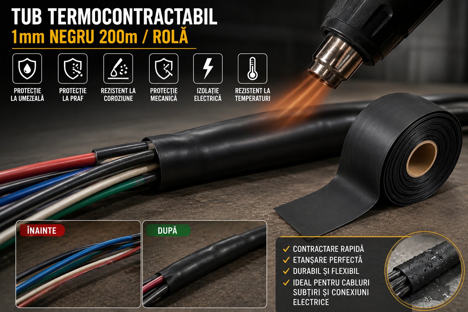 Tub termocontractabil aplicat pe cabluri electrice