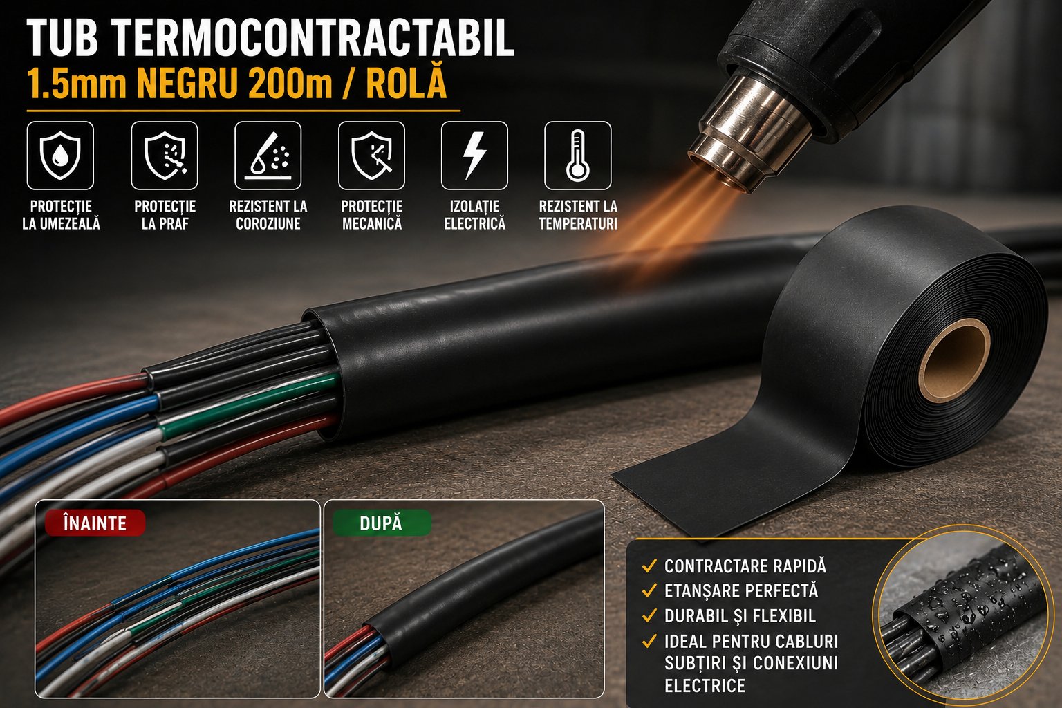 Tub termocontractabil aplicat pe cabluri electrice
